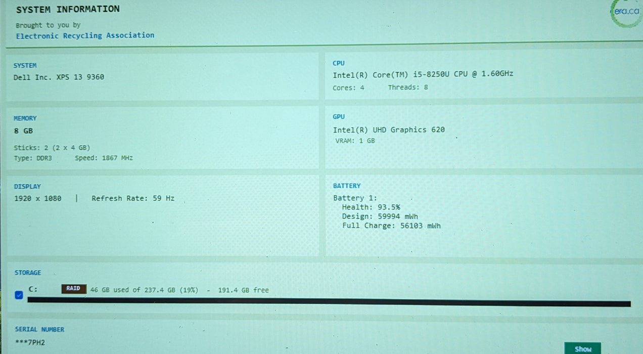 Dell XPS 13 9360 TOUCH i5-8250U 1.60GHz 8GB RAM 256GB SSD