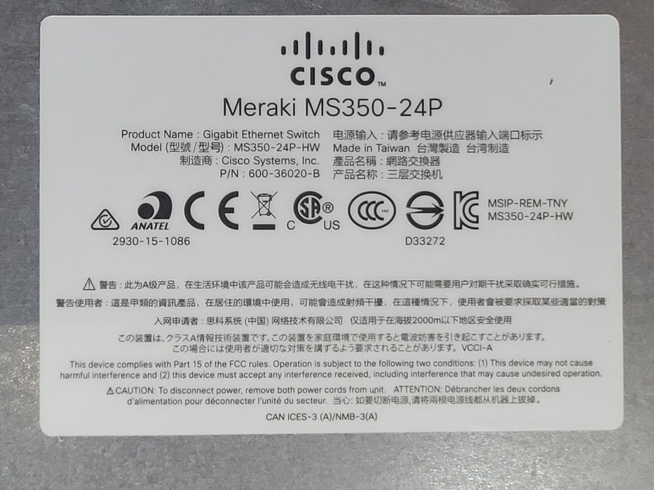 Cisco Meraki MS350-24P-HW 24-Port PoE+ Gigabit 4x SFP+ Managed Switch, UNCLAIMED