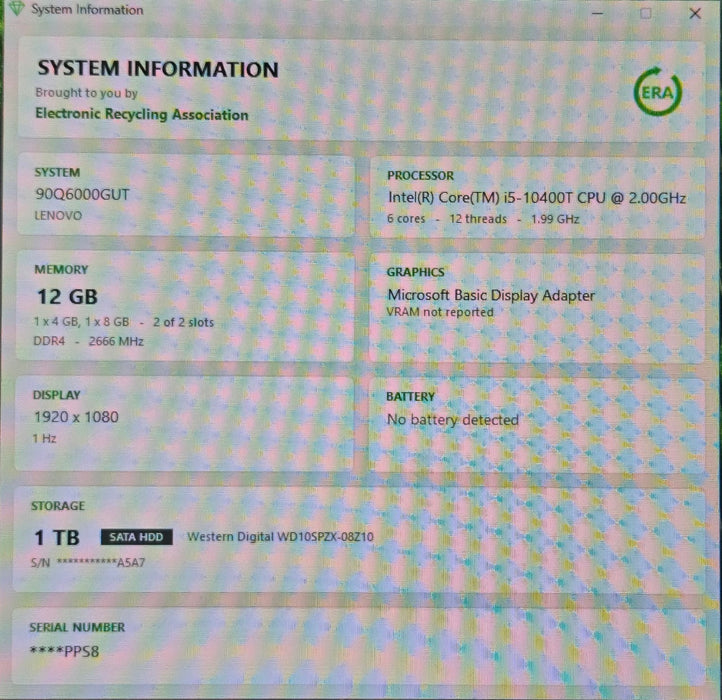 Lenovo IdeaCentre Mini 5 01IMH05 i5-10400T 2.00GHz 12GB RAM 1TB HDD