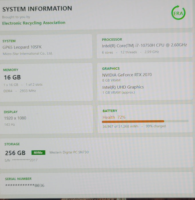 MSI GP65 Leopard 10SFK i7-10750H 16GB DDR4 RTX 2070 256GB NVMe 144Hz FHD READ!