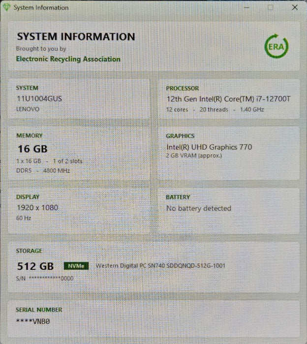 Lenovo ThinkCentre M80q Gen 3 - i7-12700T 16GB RAM 512GB NVMe SSD Wi-Fi