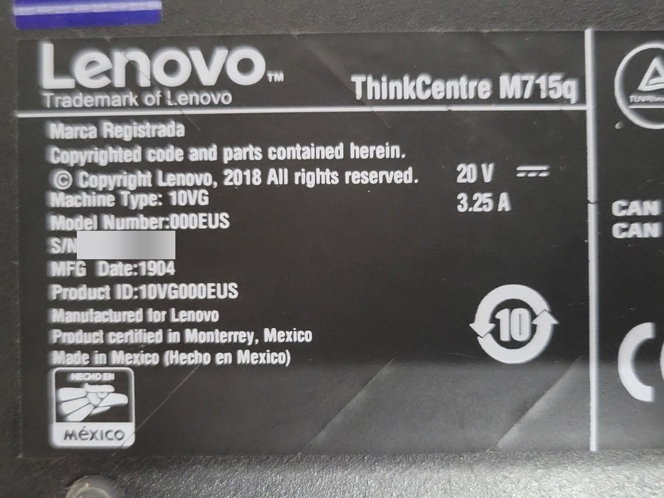 Lenovo ThinkCentre M715q Tiny AMD Ryzen 3 PRO 2200GE 3.20GHz 8GB 250GB SSD Wi-Fi