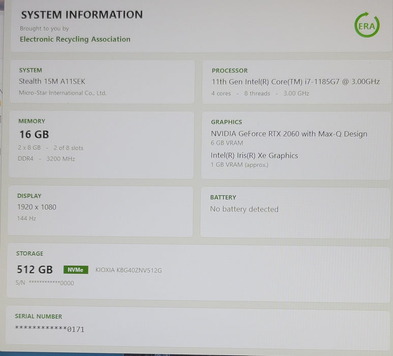 MSI Stealth 15M A11SEK i7-1185G7 16GB DDR4 RTX 2060 512GB NVMe 144Hz READ
