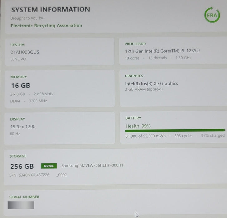 Lenovo ThinkPad T14 Gen 3 i5-1235U 16GB DDR4 256GB NVMe SSD READ 14"