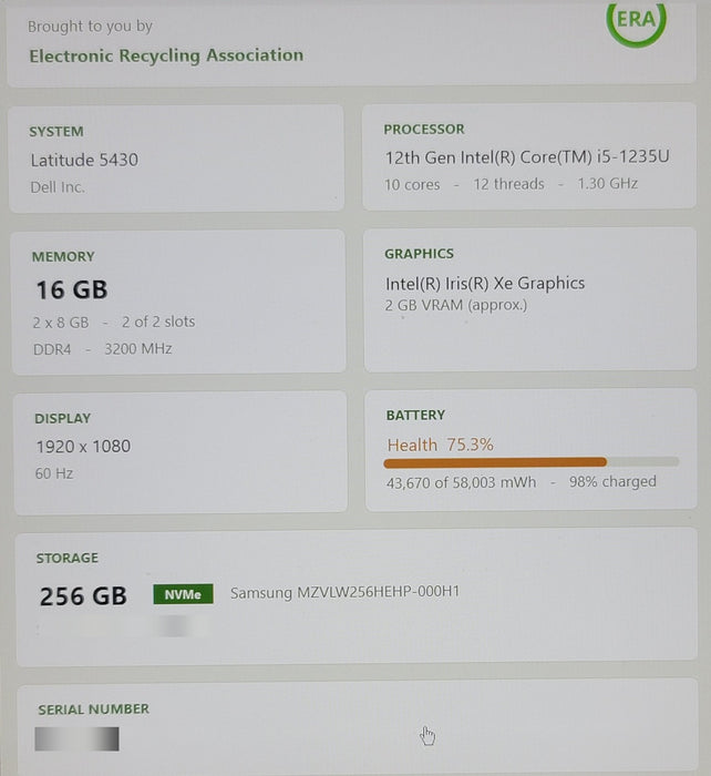Dell Latitude 5430 - Core i5-1235U 16GB RAM 256GB NVMe SSD FHD NO AC