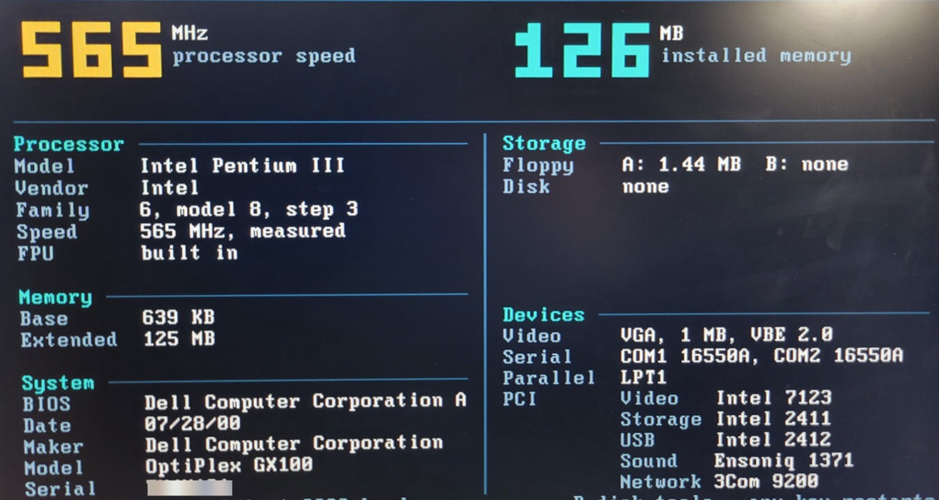Dell OptiPlex GX100 - Intel Celeron 565MHz 128MB RAM No HDD Vintage Desktop PC