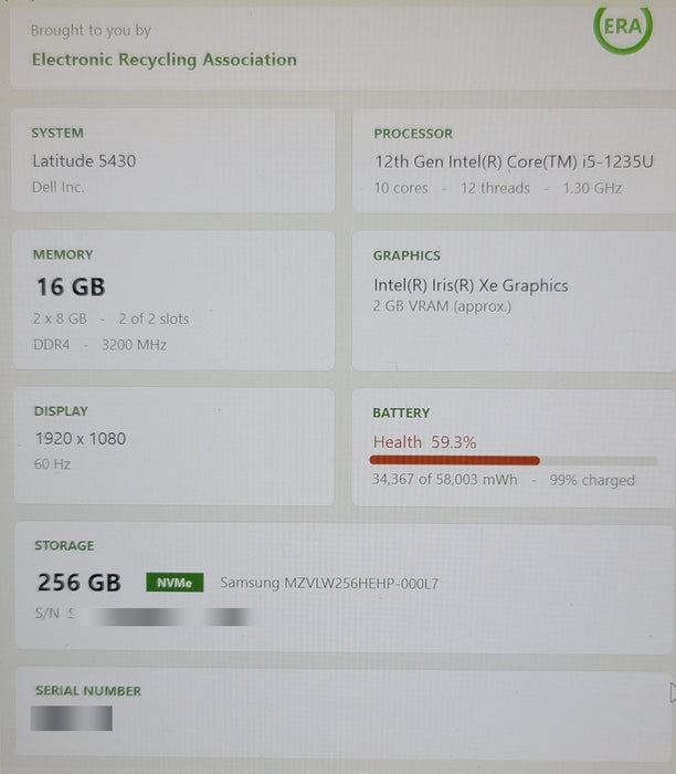 Dell Latitude 5430 i5-1235U 1.30GHz 16GB DDR4 256GB NVMe SSD FHD READ NO AC