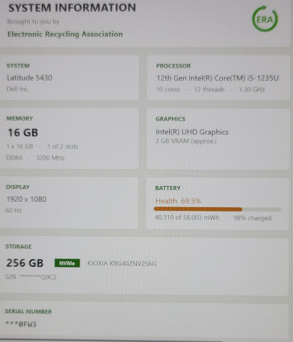 Dell Latitude 5430 i5-1235U 16GB DDR4 256GB NVMe SSD FHD NO AC READ