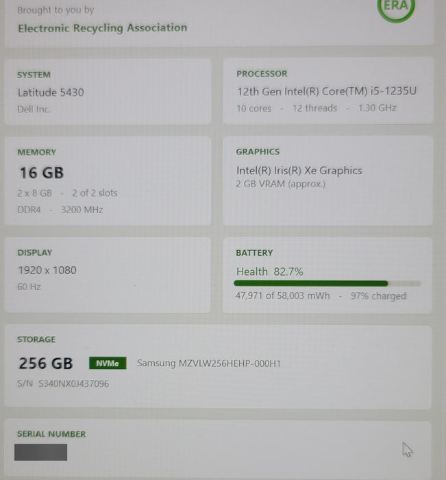 Dell Latitude 5430 i5-1235U 1.30GHz 16GB DDR4 256GB NVMe SSD FHD NO AC READ