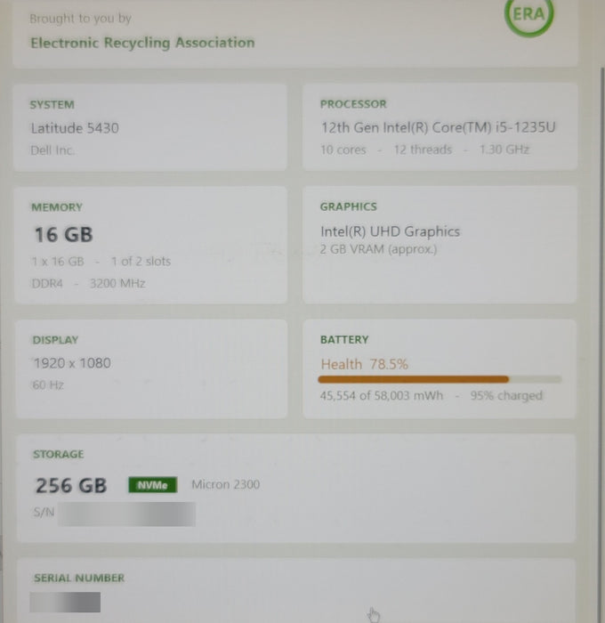 Dell Latitude 5430 i5-1235U 16GB DDR4 256GB NVMe SSD FHD NO AC READ