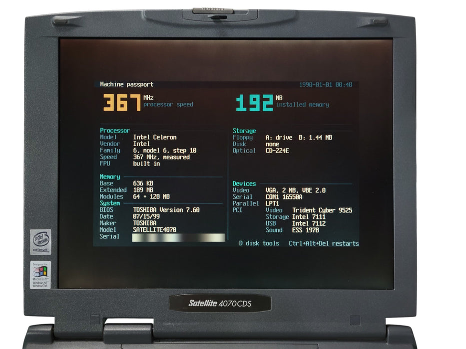 Toshiba Satellite 4070CDS - Intel Celeron 367MHz 192MB RAM No HDD Floppy + Batt