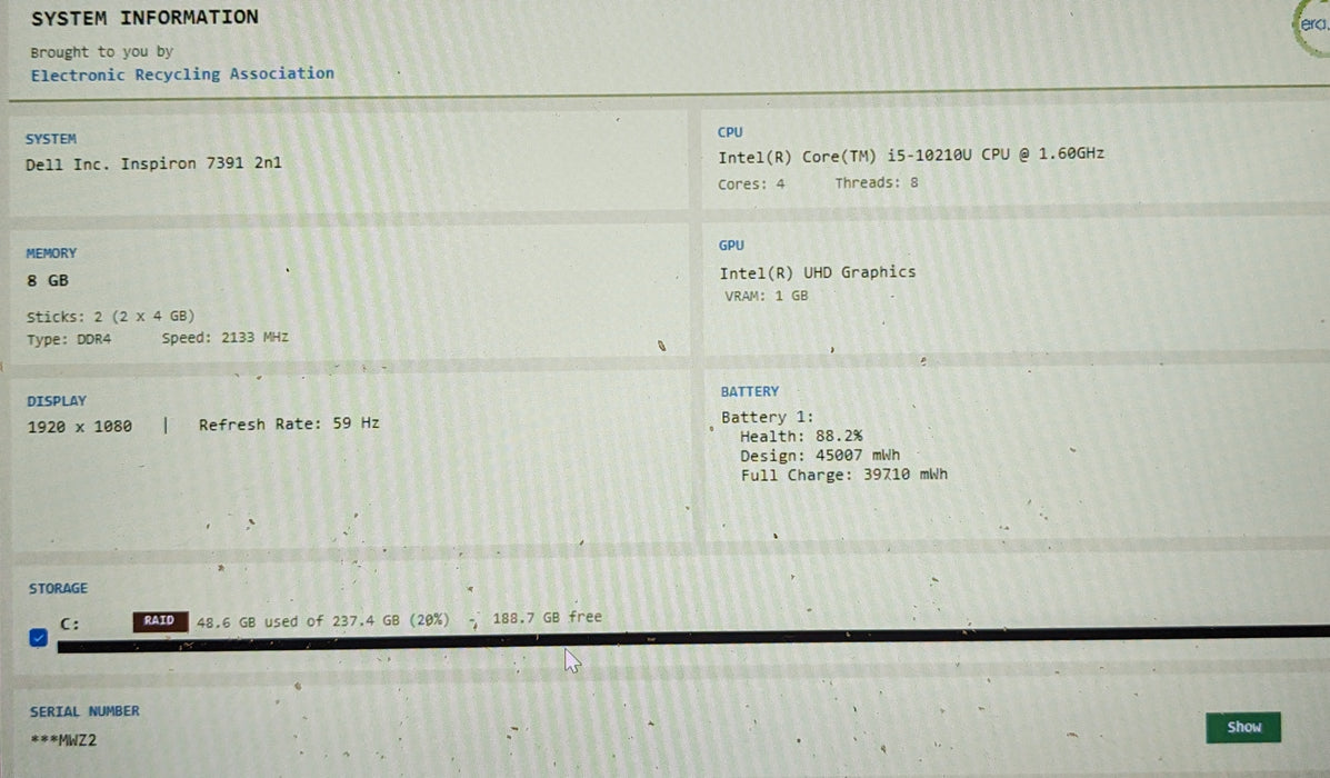 Dell Inspiron 7391 2in1 TOUCH Core i5-10210U@1.6GHz 8GB RAM 256GB SSD READ