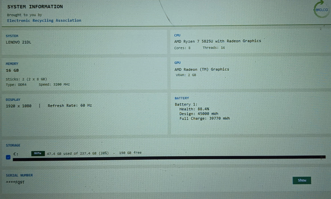 Lenovo ThinkBook 15 G4 ABA - Ryzen 7 5825U 16GB RAM 256GB SSD