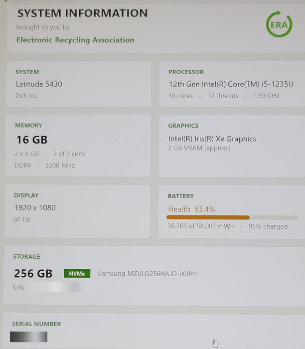Dell Latitude 5430 i5-1235U 16GB DDR4 256GB NVMe FHD Iris Xe NO AC READ