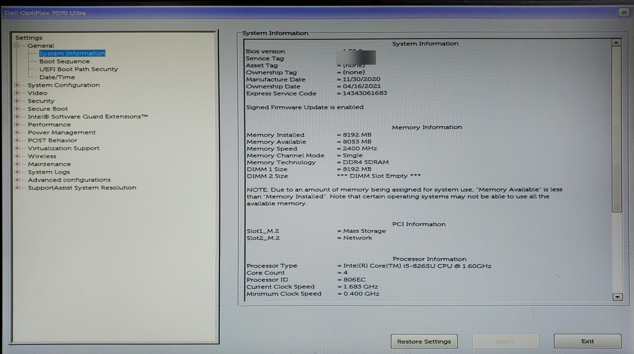 Dell OptiPlex 7070 Ultra - Core i5-8265U, 8GB DDR4, 256GB SSD
