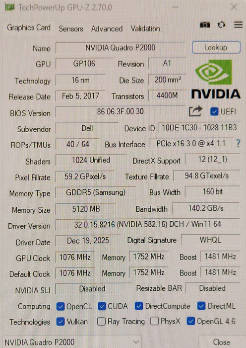 NVIDIA Quadro P2000 5GB GDDR5 PCIe Graphics Card 4x DisplayPort 087CG5