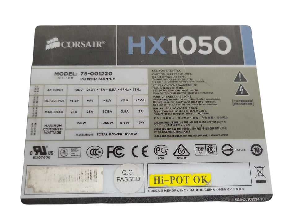 Corsair HX1050 75-001220 1050W Semi-Modular ATX Power Supply, No cables