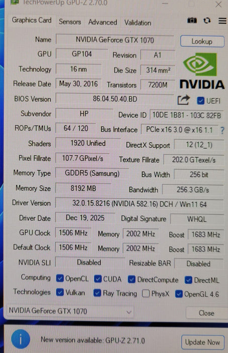 HP NVIDIA GeForce GTX 1070 8GB GDDR5 Graphics Card 926813-001