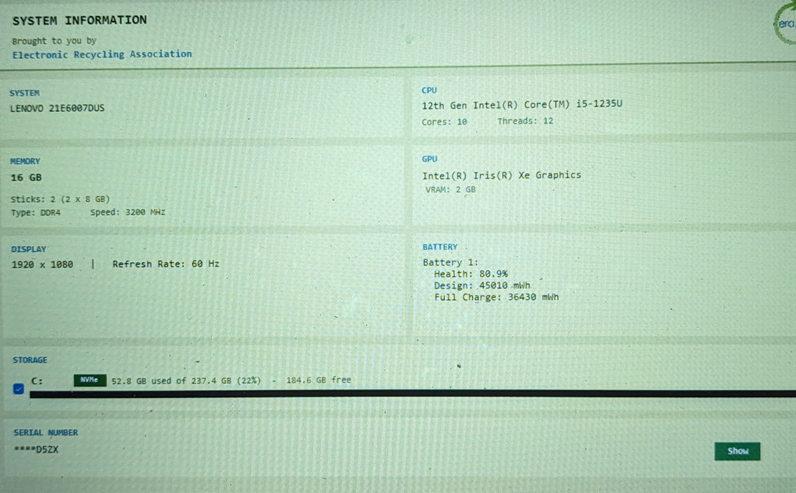Lenovo ThinkPad E15 Gen 4 Intel Core i5-1235U 1.70GHz 16GB RAM 256GB SSD READ