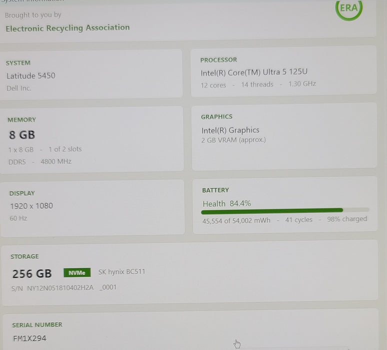 Dell Latitude 5450 Core Ultra 5 125U 8GB DDR5 256GB NVMe 14" FHD