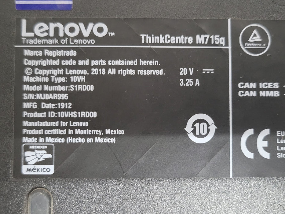 Lenovo ThinkCentre M715q 2nd Gen - Ryzen 5 PRO 2400GE 3.2GHz 8GB RAM 256GB SSD