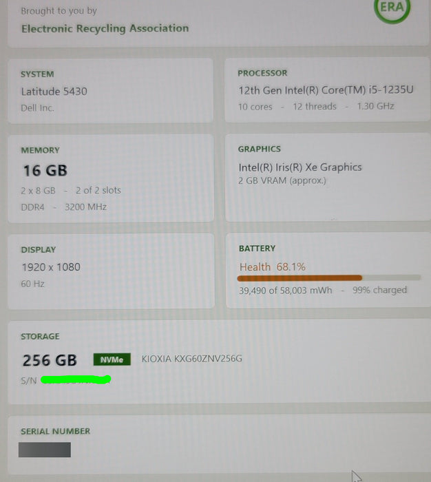 Dell Latitude 5430 - i5-1235U 16GB DDR4 256GB NVMe SSD FHD