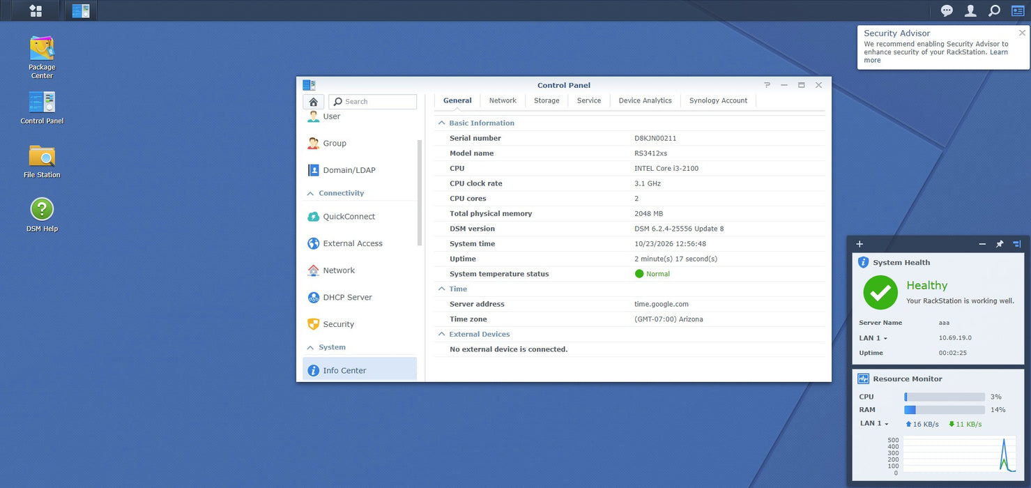 Synology RackStation RS3412xs - Core i3-2100 3.10GHz 2GB RAM 2x 4TB SATA HDD