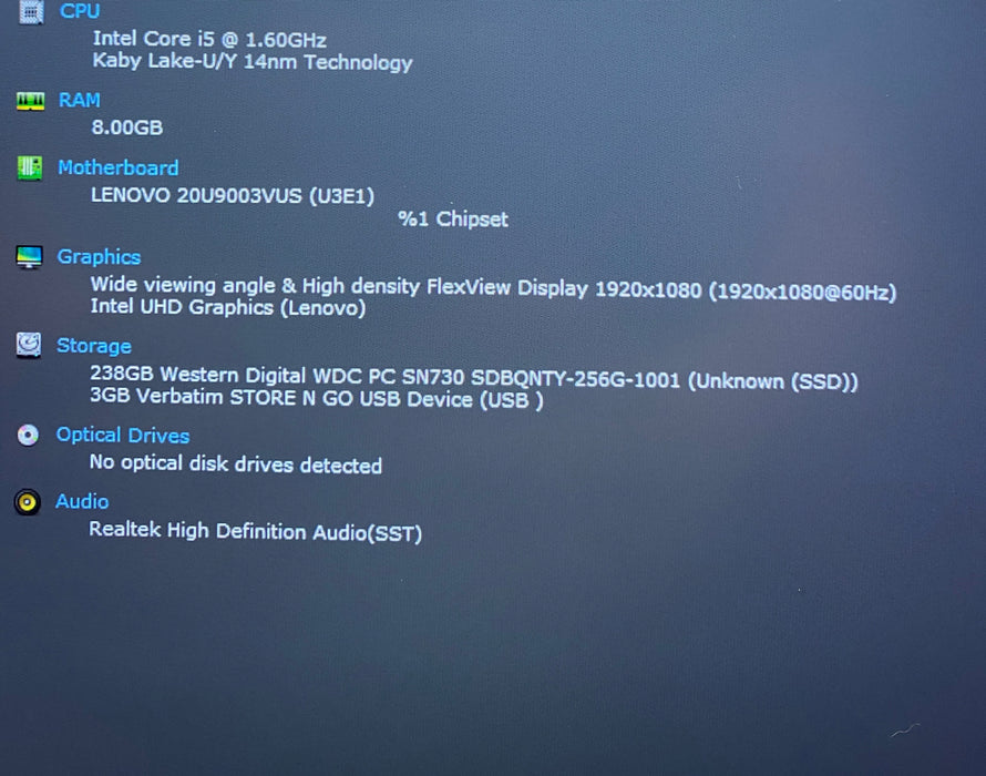 Lenovo ThinkPad X1 Carbon Gen 8 Intel Core i5-10210U 1.60GHz 8GB RAM 256GB SSD