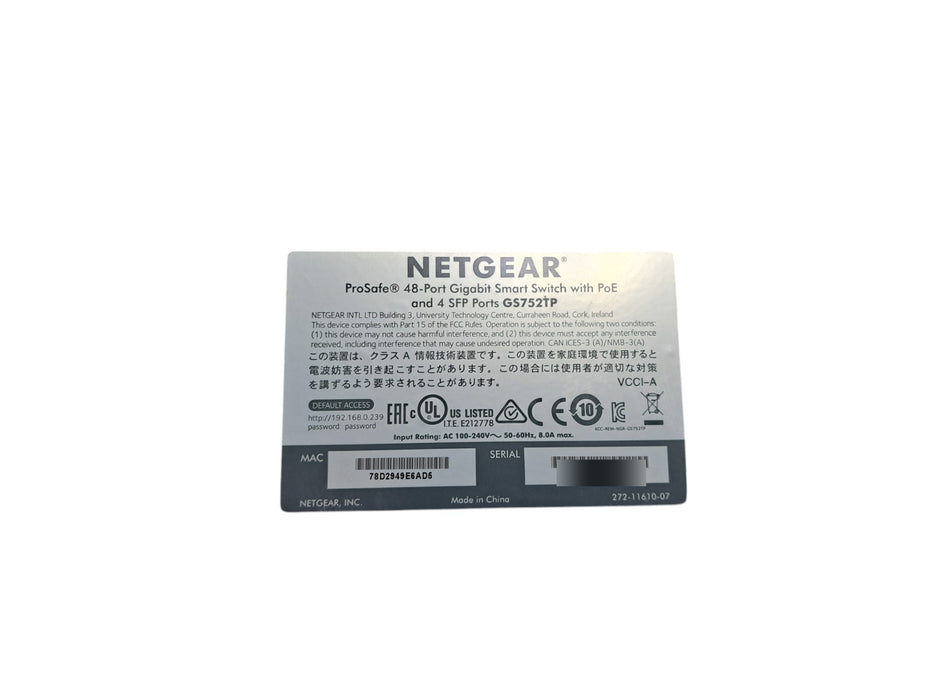 Netgear ProSafe GS752TP 48-Port Gigabit PoE Smart Switch with 4 SFP Ports