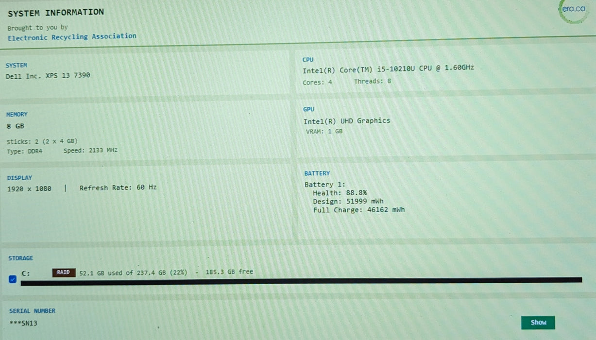Dell XPS 13 7390 i5-10210U 1.60GHz 8GB RAM 256GB SSD