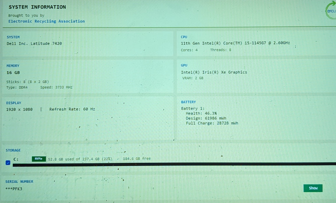 Dell Latitude 7420 TOUCH Intel Core i5-1145G7 2.60GHz 16GB RAM 256GB SSD