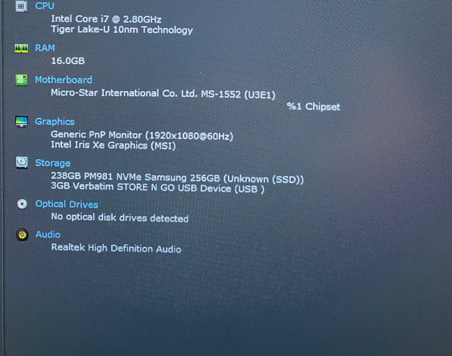 MSI Summit B15 11M Intel Core i7-1165G7 2.80GHz 16GB RAM 256GB SSD READ