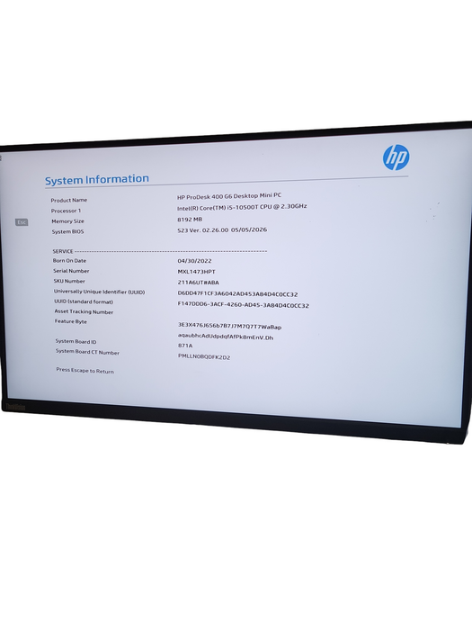 HP ProDesk 400 G6 Mini Pc Intel i5-10500T @2.30GHz 8GB RAM NO HDD