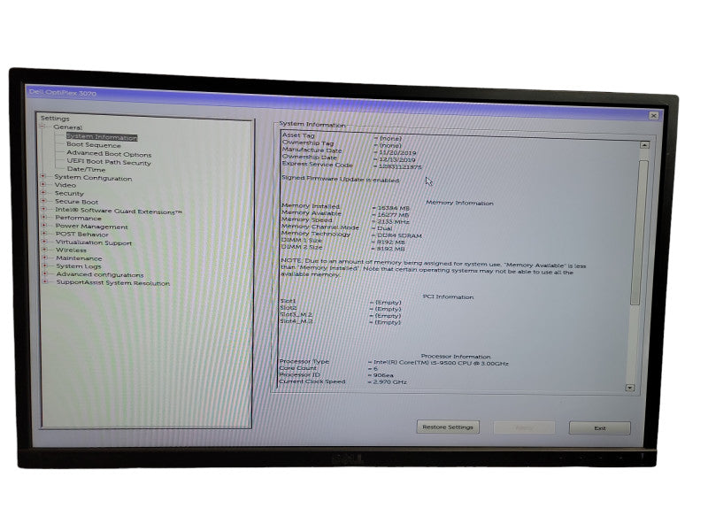 Dell OptiPlex 3070 SFF i5 - 9500 CPU @ 3.00GHz 16GB DDR4 Ram Î¸