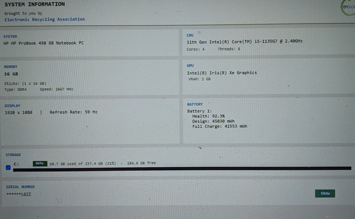 HP ProBook 450 G8 15.6" Laptop i5-1135G7 2.4GHZ 16GB RAM 256GB SSD READ