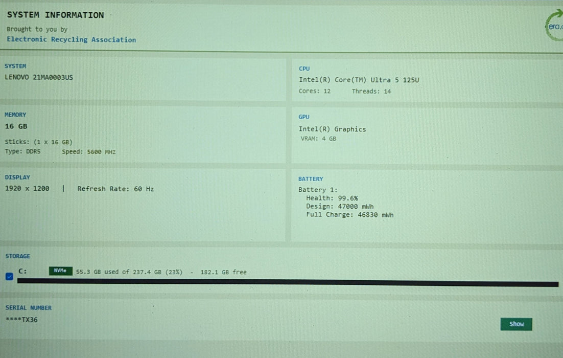 Lenovo ThinkPad E16 Gen 2 12-Core Ultra 5 125U 1.3GHz 16GB RAM 256GB SSD READ