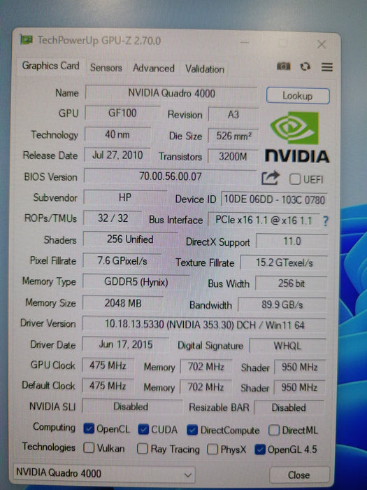 NVIDIA Quadro 4000 2GB GDDR5 Graphics Card 2x DP DVI HP 658532-001
