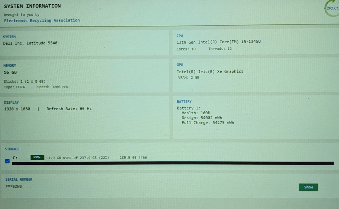 Dell Latitude 5540 Intel Core i5-1345U 1.30GHz 16GB RAM 256GB SSD READ
