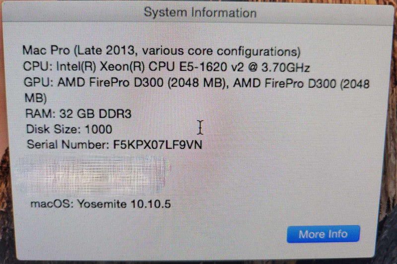 Mac Pro (Late 2013) - Xeon E5-1620v2 | 32GB RAM | 1TB SSD| 2xAMD FirePro D300 Q%