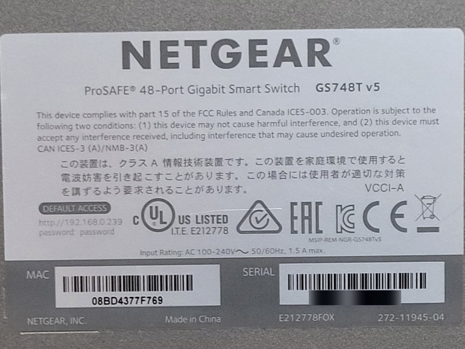 Netgear ProSAFE GS748T v5 - 48-Port Gigabit Smart Switch 4x SFP