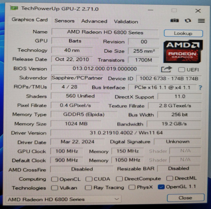 Sapphire AMD Radeon HD 6870 1GB GDDR5 Graphics Card