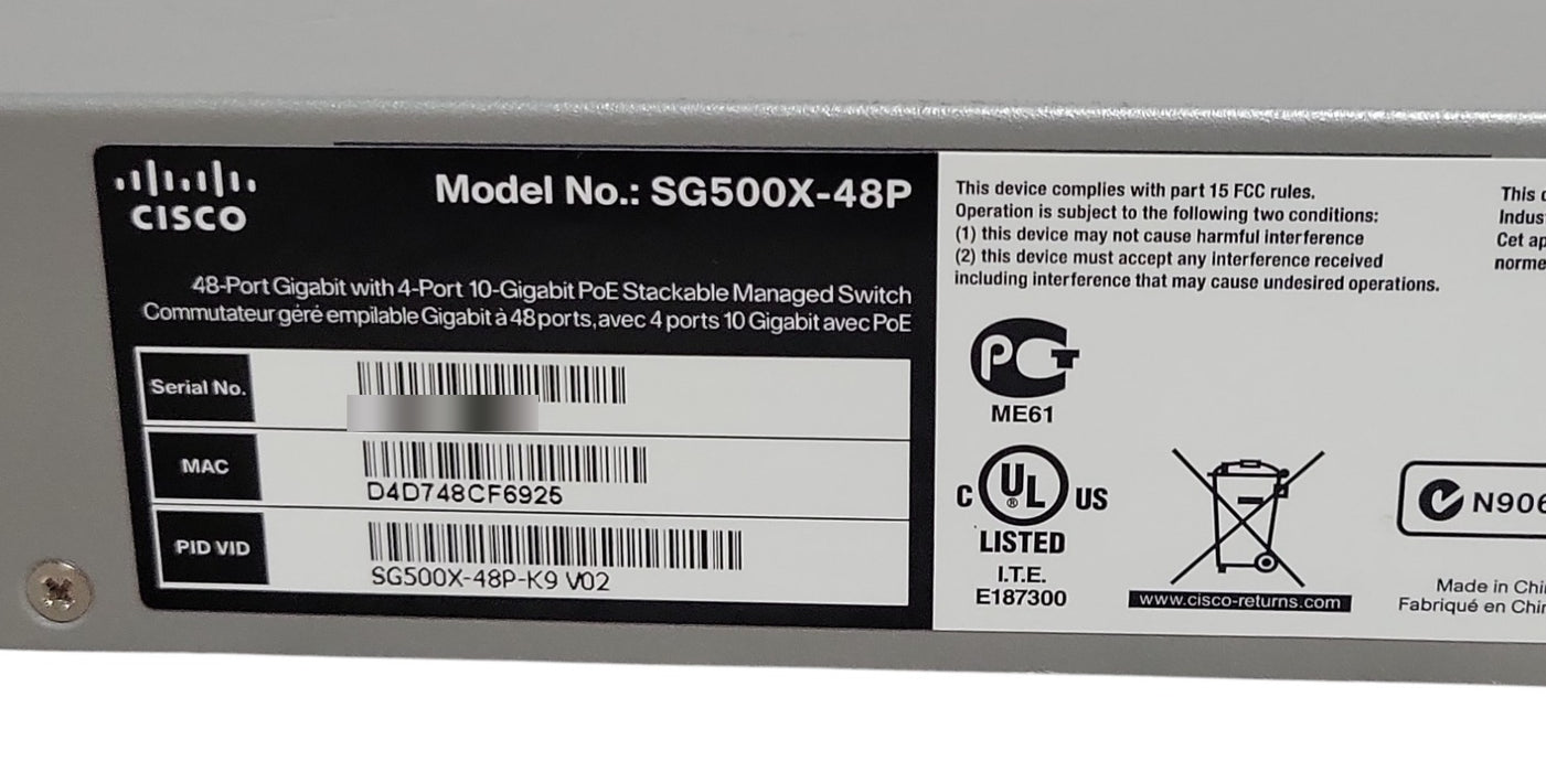 Cisco SG500X-48P 48-Port Gigabit PoE Stackable Managed Switch 4x 10G SFP+