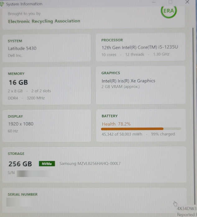 Dell Latitude 5430 i5-1235U 16GB DDR4 256GB NVMe NO AC READ