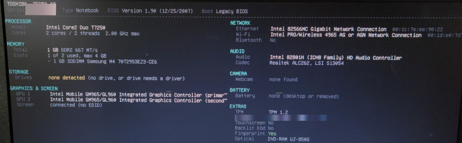 Toshiba Tecra A9 PTS52C-MH309C - Core2 Duo T7250 1GB DDR2 No HDD