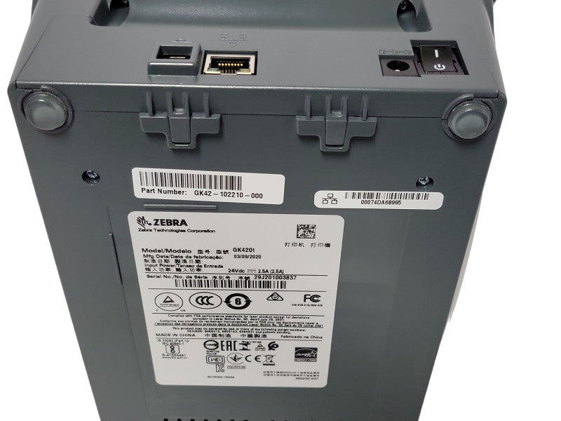 Zebra GK420T P/N GK42-102210-000 USB/Ethernet Printer with Zebra Power Supply _