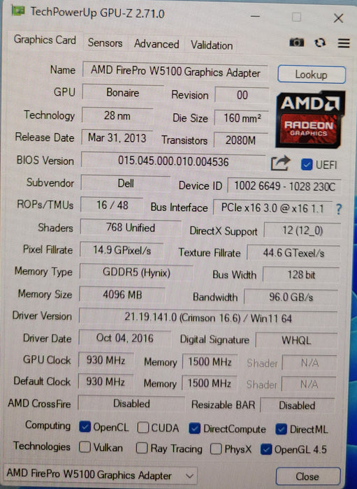 AMD FirePro W5100 4GB GDDR5 Workstation Graphics Card PCIe