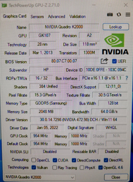 NVIDIA Quadro K2000 2GB GDDR5 PCIe Graphics Card HP