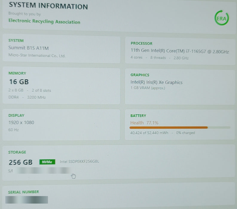 MSI Summit B15 A11M i7-1165G7 16GB DDR4 256GB NVMe