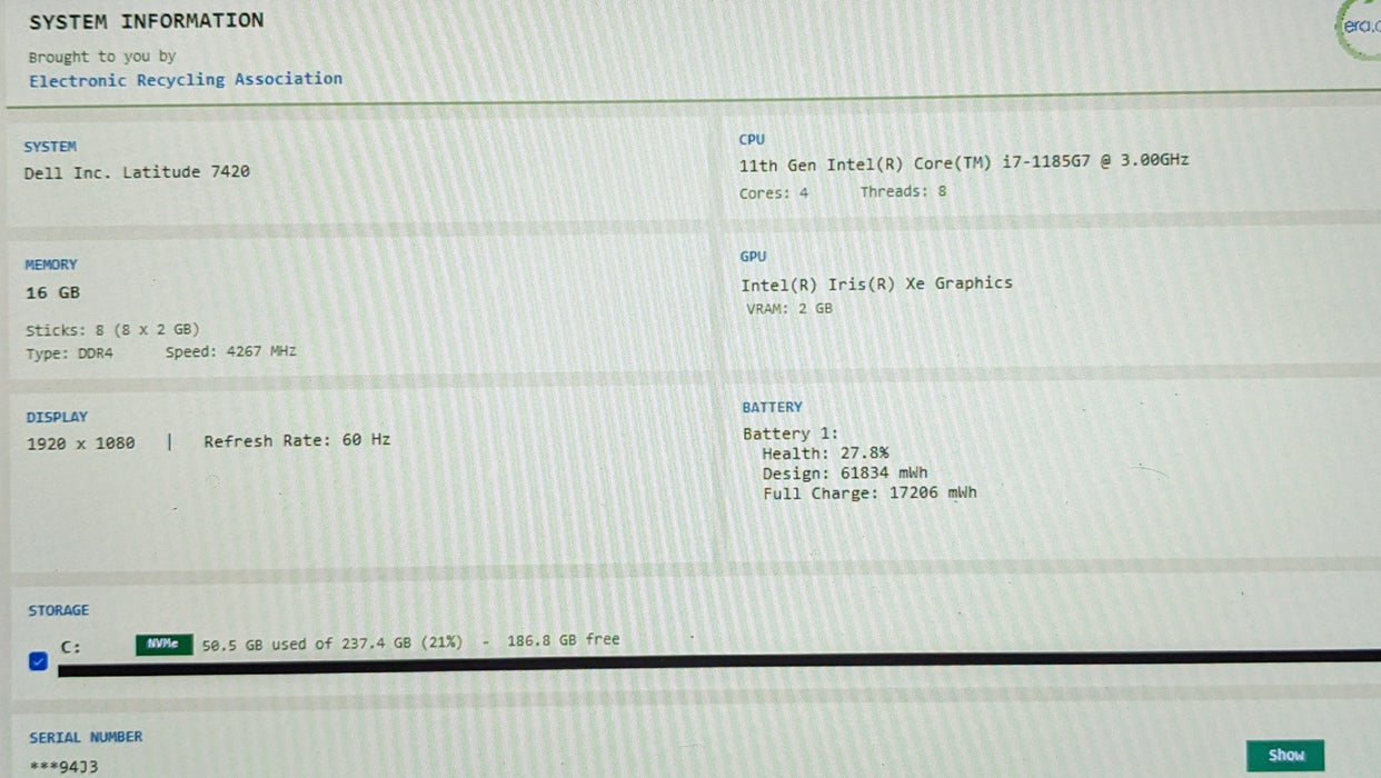Dell Latitude 7420 Intel Core i7-1185G7 2.60GHz 16GB RAM 256GB SSD READ
