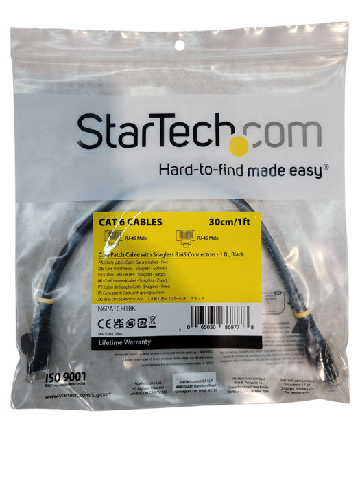 StarTech N6PATCH1BK - Cat6 Snagless RJ45 Ethernet Patch Cable 1ft Black